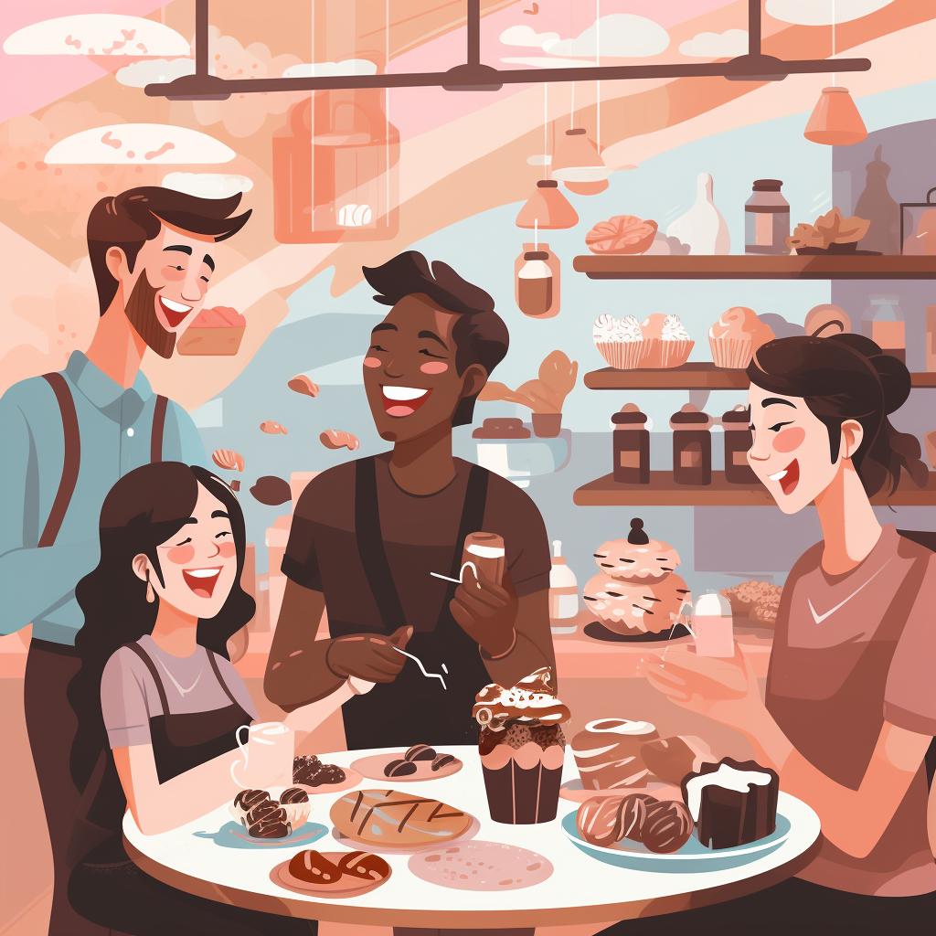 People laughing and enjoying a variety of chocolates and coffees