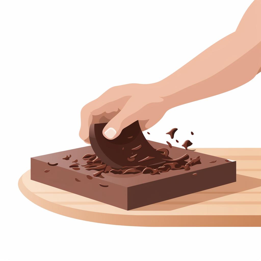 A hand creating chocolate shavings with a bench scraper